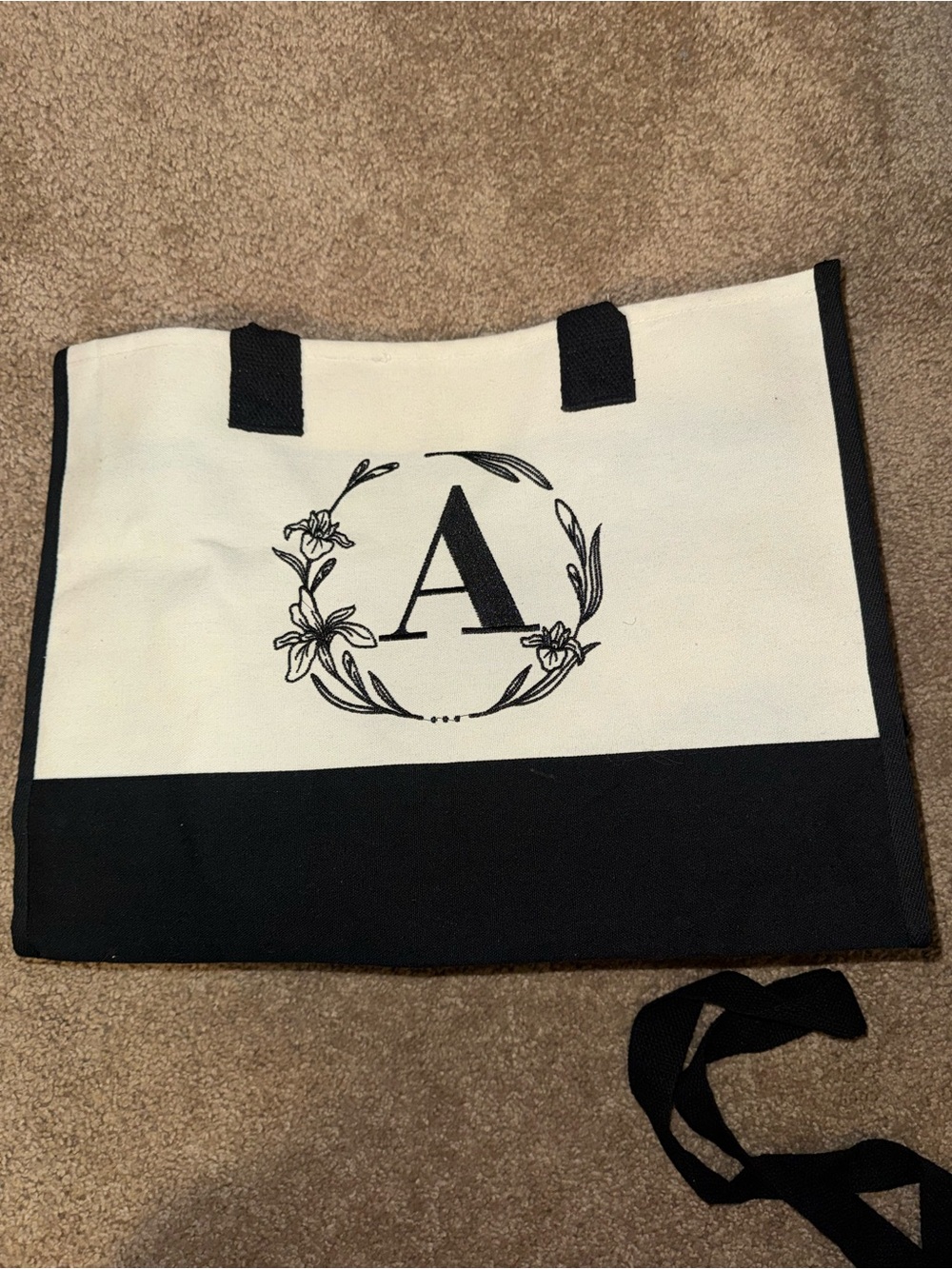 Monogrammed A Canvas Tote Bag in Black and Cream